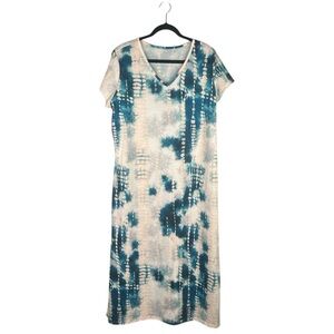Tie Dye Blue Pink White V-Neck Summer Vacation Casual Maxi Dress Size Large